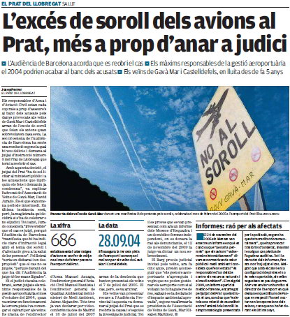 Noticia publicada en el diario AVUI sobre el auto de la Audiencia de Barcelona reabriendo la querella criminal presentada contra los reponsables de la puesta en servicio de la tercera pista del aeropuerto de Barcelona-El Prat (13 de Marzo de 2010)